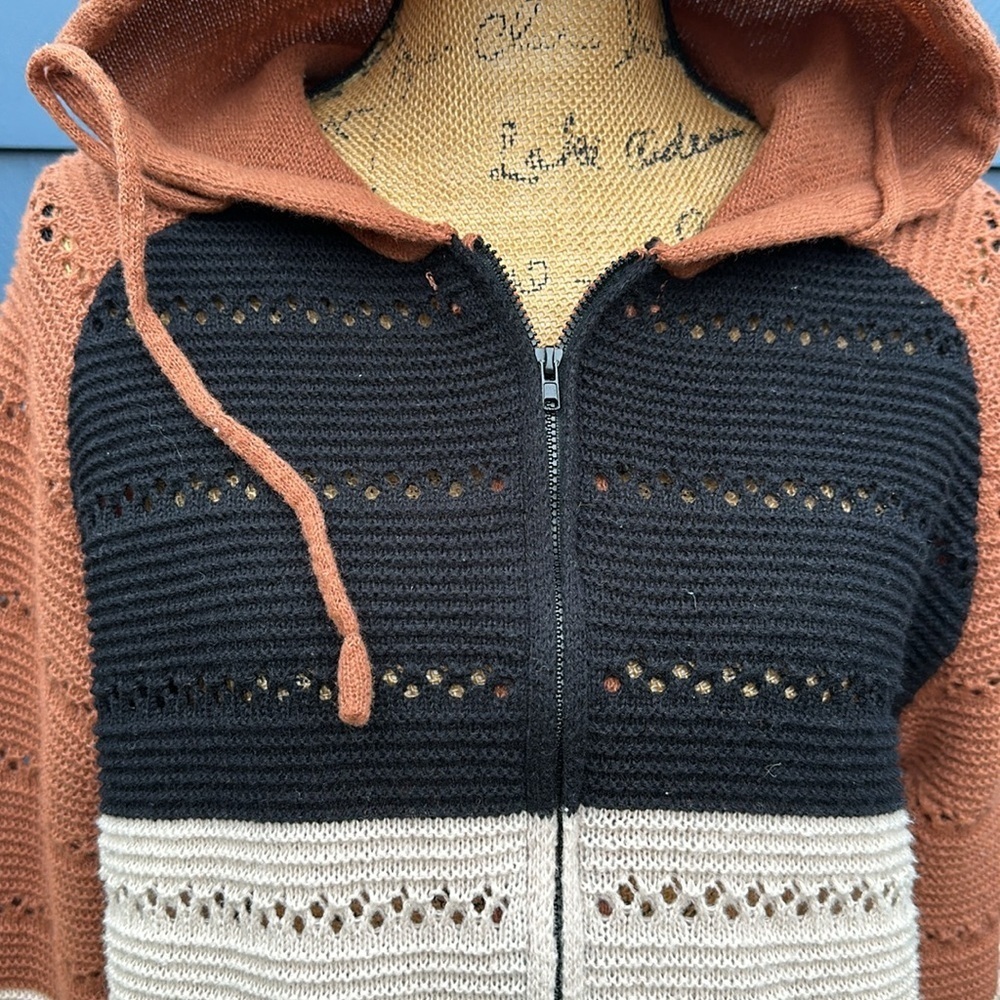 🤎🖤🤍Shein brown striped sweater zipper hoodie cardigan medium - Picture 2 of 7
